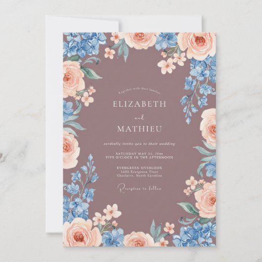 Mauve Perzik Bloemen Bruiloft Kaart (Voorkant)