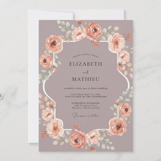 Mauve Perzik Botanische Aquarel Bruiloft Kaart (Voorkant)