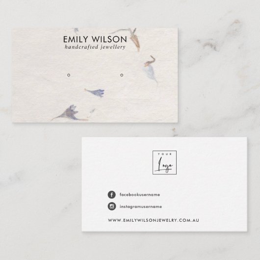 MAUVE PETAL HANDMADE PAPIER STUD EARRING DISPLAY VISITEKAARTJE (Voorkant / Achterkant)