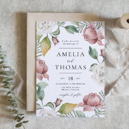 Mauve Pink and White Roses Floral Wreath Wedding Kaart