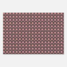 Mauve Pink Black Buffalo Heart Plaid Inpakpapier Vel