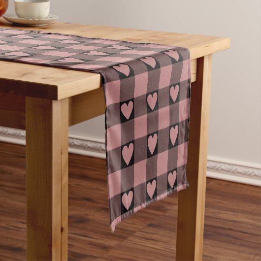 Mauve Pink Black Buffalo Heart Plaid Table Runner Korte Tafelloper (Voorbeeld)