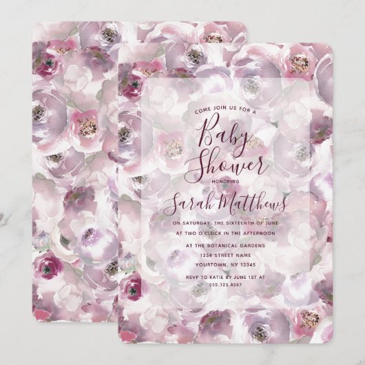 Mauve Pink Country Floral Baby shower Uitnodiging (Voorkant / Achterkant)