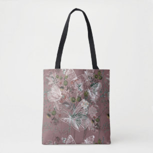 Mauve Pink Dusty Roos Butterfly Floral Tote Bag