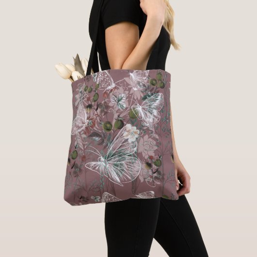 Mauve Pink Dusty Roos Butterfly Floral Tote Bag (Dichtbij)
