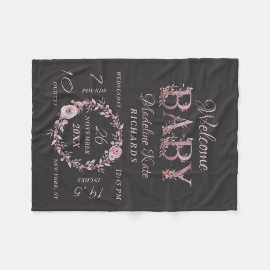 Mauve Pink Elegant Floral Baby Meisje Geboorte Sta Fleece Deken (Voorkant (Horizontaal))