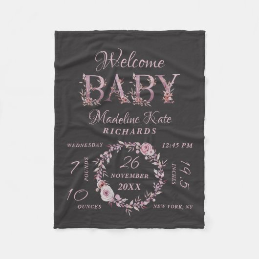 Mauve Pink Elegant Floral Baby Meisje Geboorte Sta Fleece Deken (Voorkant)