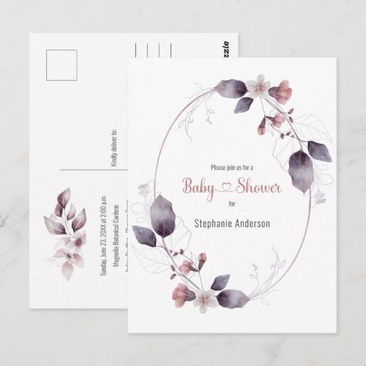 Mauve Pink Floral Botanical Baby shower Invitation Briefkaart (Voorkant / Achterkant)