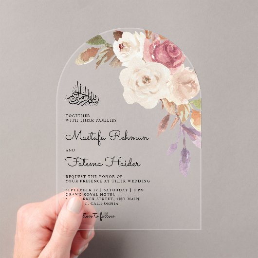 Mauve Pink Floral Bouquet Islamic Muslim Wedding Acryl Uitnodigingen (Insitu (Draagbaar))