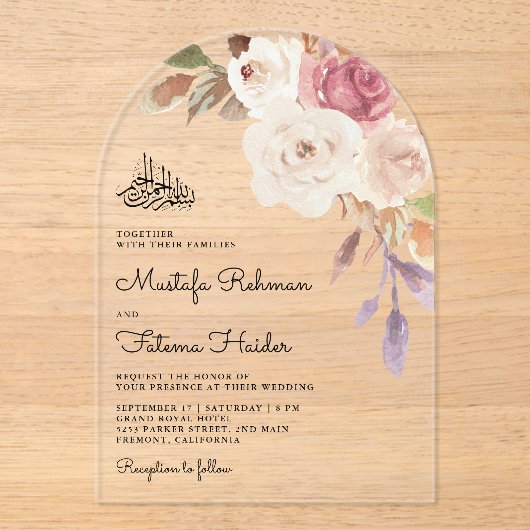 Mauve Pink Floral Bouquet Islamic Muslim Wedding Acryl Uitnodigingen (Voorkant)