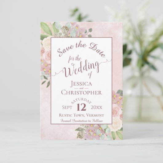 Mauve Pink Floral Elegant Calligraphy Wedding Save The Date (Staand voorkant)