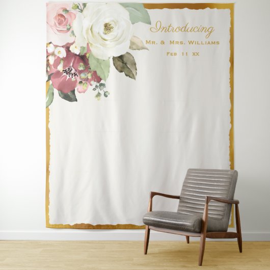 Mauve Pink Floral Gold Edge Weduwfoto Achtergrond Wandkleed (In situ)