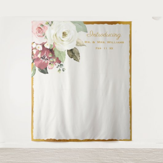 Mauve Pink Floral Gold Edge Weduwfoto Achtergrond Wandkleed (Voorkant)