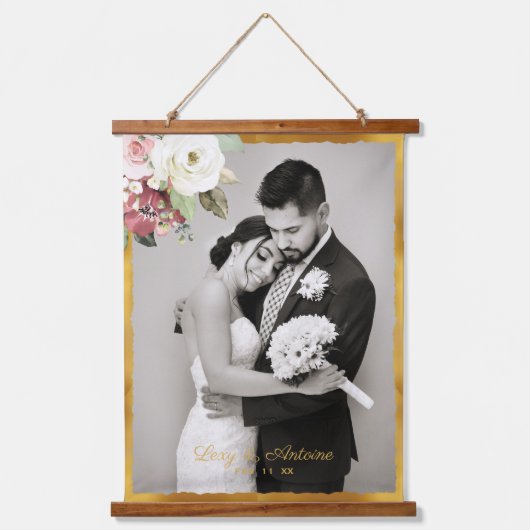 Mauve Pink Floral Gold Edge Weduwfoto Hout Hangend Wandkleed (Voorkant)