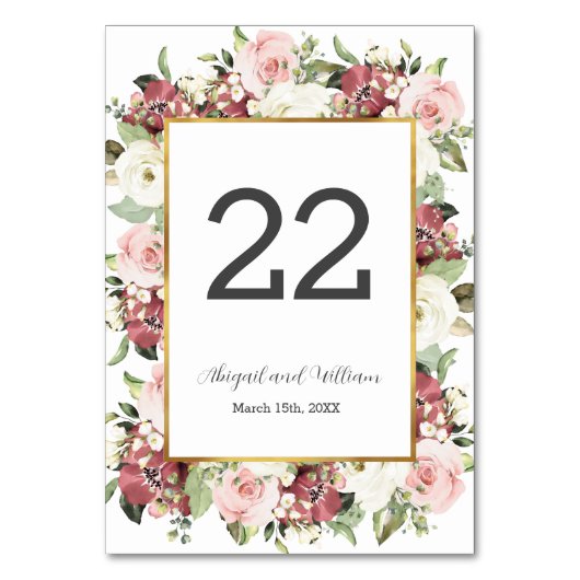 Mauve Pink Florals Gold Wedding Table Number Kaart (Voorkant)