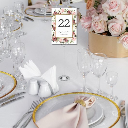 Mauve Pink Florals Gold Wedding Table Number Kaart