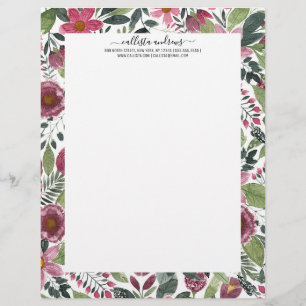 Mauve Pink Forest Green Waterverf Flowers Leaves Briefhoofd