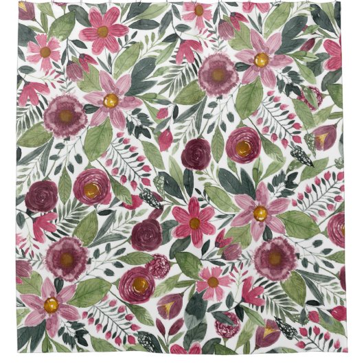 Mauve Pink Forest Green Waterverf Flowers Leaves Douchegordijn (Voorkant)