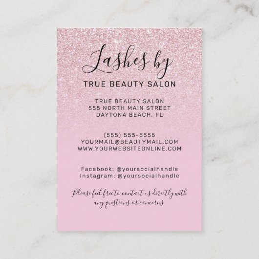 Mauve Pink Glitter Lash Extensions Aftercare Icon Visitekaartje (Achterkant)