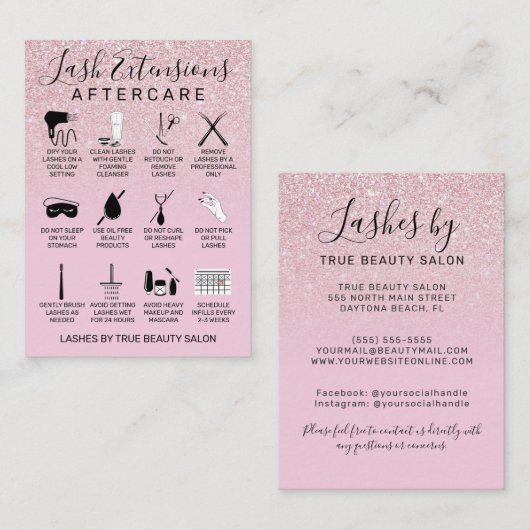 Mauve Pink Glitter Lash Extensions Aftercare Icon Visitekaartje (Voorkant / Achterkant)