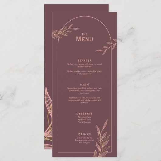 Mauve Pink Gold Leaf Wedding Event Menu Flat Kaart (Voorkant / Achterkant)