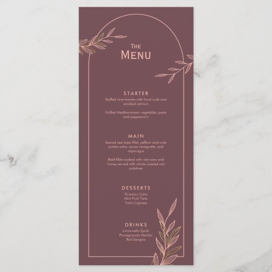Mauve Pink Gold Leaf Wedding Event Menu Flat Kaart (Voorkant)