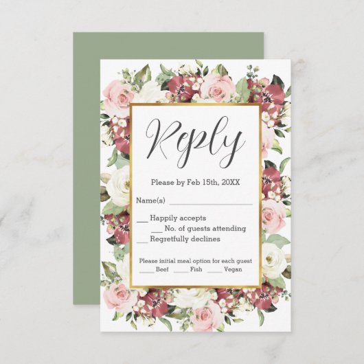 Mauve Pink Green Florals Gold Lijst RSVP (Voorkant / Achterkant)