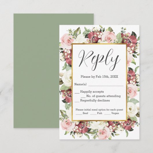 Mauve Pink Green Florals Gold Lijst RSVP Kaartje (Voorkant / Achterkant)