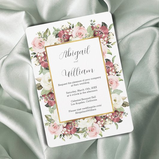 Mauve Pink Green Florals Gold Lijst Wedding Kaart
