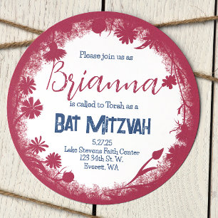 Mauve Pink, Navy Blue Bat Mitzvah Rustic Kaart