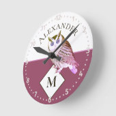 Mauve Pink Owl Monogram Naam  Ronde Klok (Hoek)