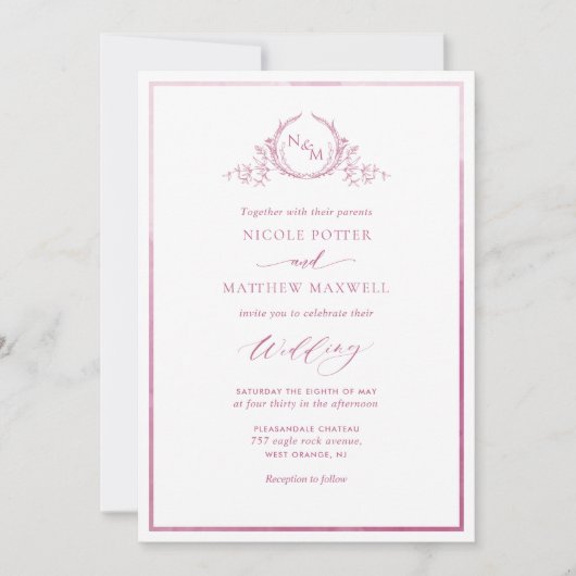 Mauve Pink Waterverf Elegant Monogram Weddenschap Kaart (Voorkant)