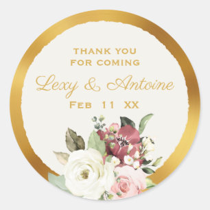 Mauve Pink White Waterverf Florals Luxe Gold Edge Ronde Sticker