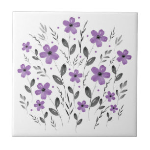 Mauve Plum Grey Waterverf Floral Motif Tegeltje