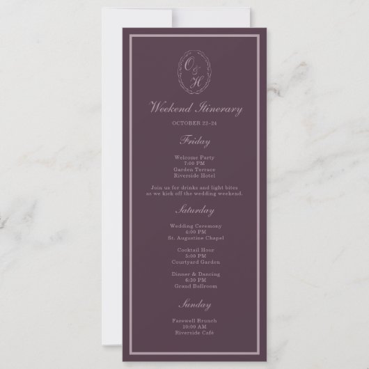 Mauve Plum Monogram Wedding Weekend Itinerary Kaart (Voorkant)