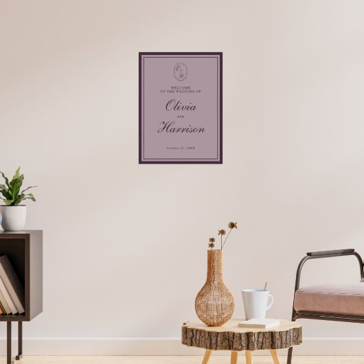 Mauve Plum Monogram Wedding Welcome Sign Poster (Woonkamer 3)
