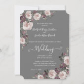 Mauve Plum on Grey Floral Wedding Invitation Kaart (Voorkant)