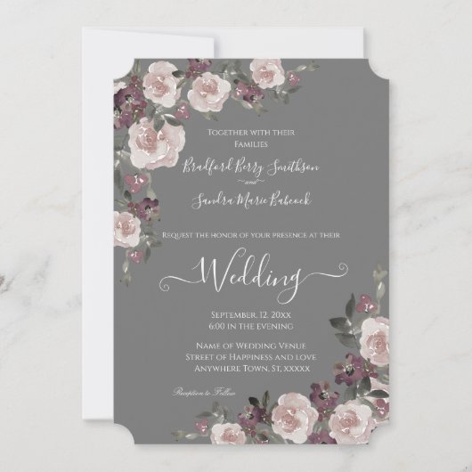 Mauve Plum on Grey Floral Wedding Invitation Kaart (Voorkant)