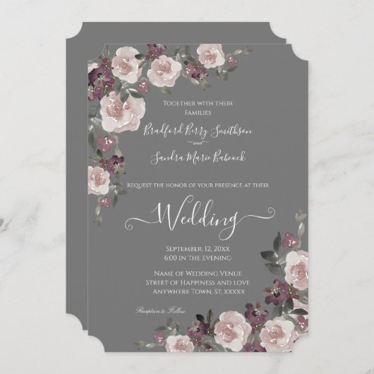 Mauve Plum on Grey Floral Wedding Invitation Kaart (Voorkant / Achterkant)