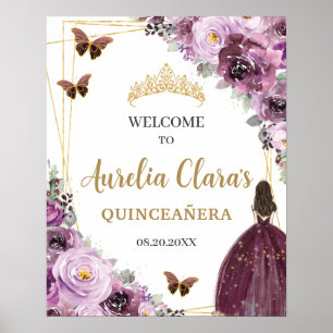 Mauve Plum Paars Floral Princess Gold Quinceañera Poster