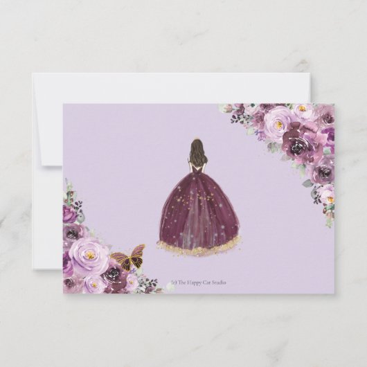 Mauve Plum Paars Floral Quinceañera Princess RSVP (Achterkant)