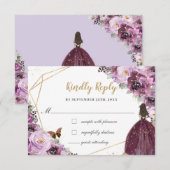 Mauve Plum Paars Floral Quinceañera Princess RSVP Kaartje (Voorkant / Achterkant)
