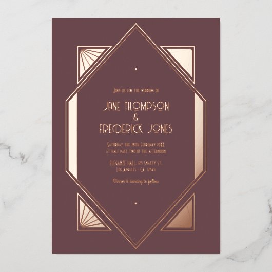 Mauve Plum & Rose Gold Gatsby Art Deco Wedding Folie Uitnodiging (Voorkant)