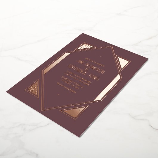 Mauve Plum & Rose Gold Gatsby Art Deco Wedding Folie Uitnodiging (Gedraaid)