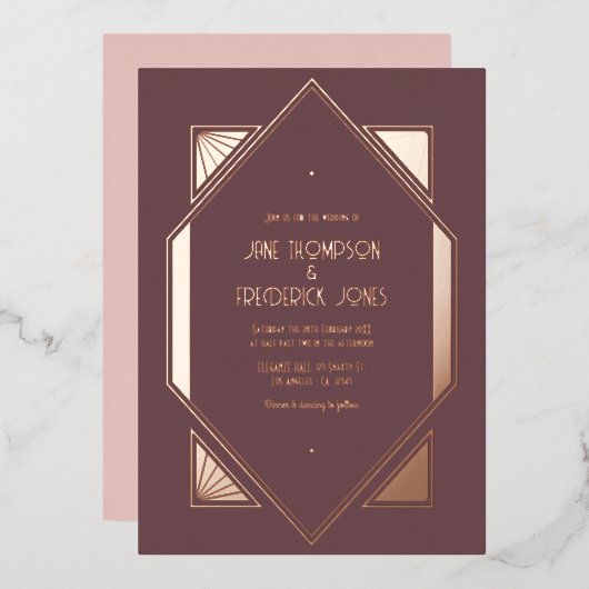 Mauve Plum & Rose Gold Gatsby Art Deco Wedding Folie Uitnodiging (Voorkant / Achterkant)