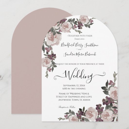 Mauve Plum Waterverf Floral Wedding Kaart (Voorkant / Achterkant)