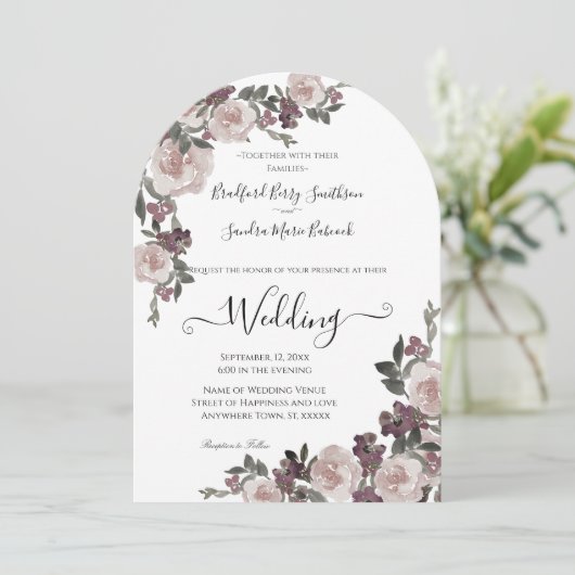 Mauve Plum Waterverf Floral Wedding Kaart (Staand voorkant)