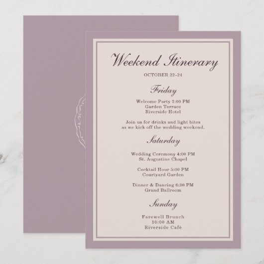 Mauve Plum Wedding Weekend Itinerary Card Kaart (Voorkant / Achterkant)
