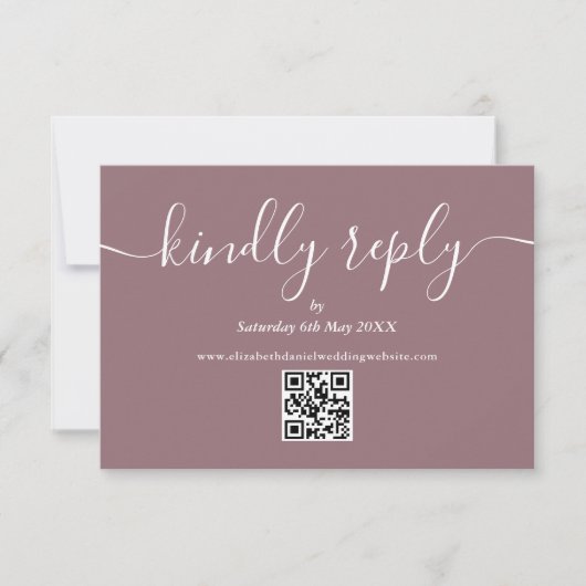 Mauve QR-code Elegante Script Graag reageren RSVP Kaartje (Voorkant)