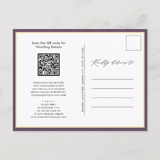 Mauve QR-code in één Gold Script Chic Wedding Uitnodiging Briefkaart (Achterkant)